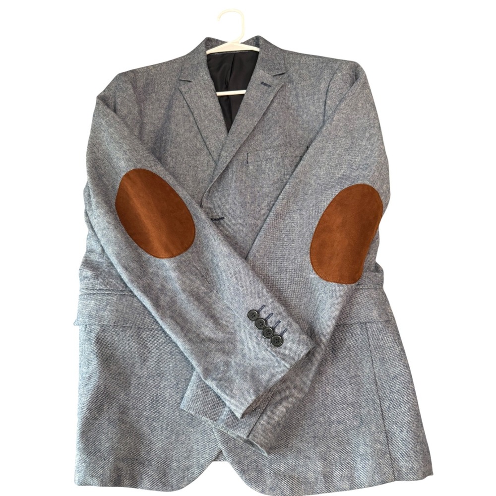 HM Slim Fit Blazer Light Blue Textured Sport Coat Brown Elbow Patches Mens
